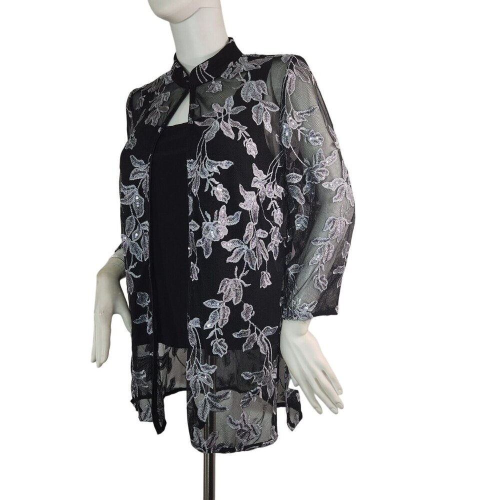 Alex Evenings Women Black Top Twinset Embroidered 3/4 Sleeve Mock Neck Size S 10 - Picture 4 of 16